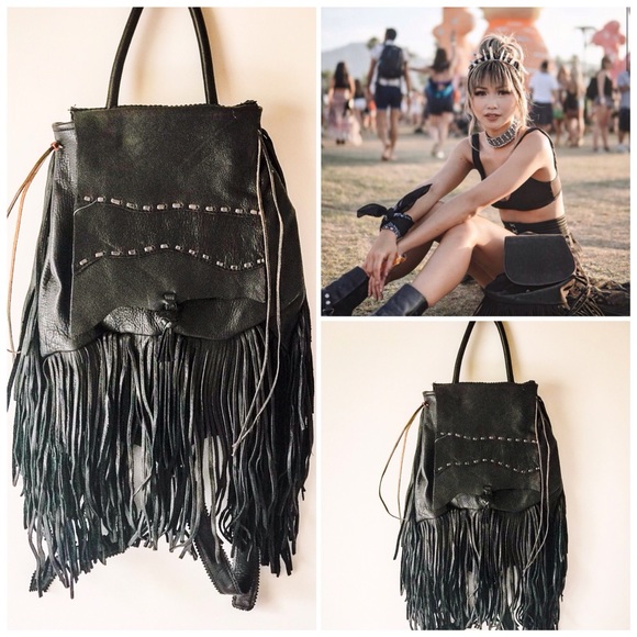 Handbags - NWT🌵Black Leather Fringe Boho Backpack